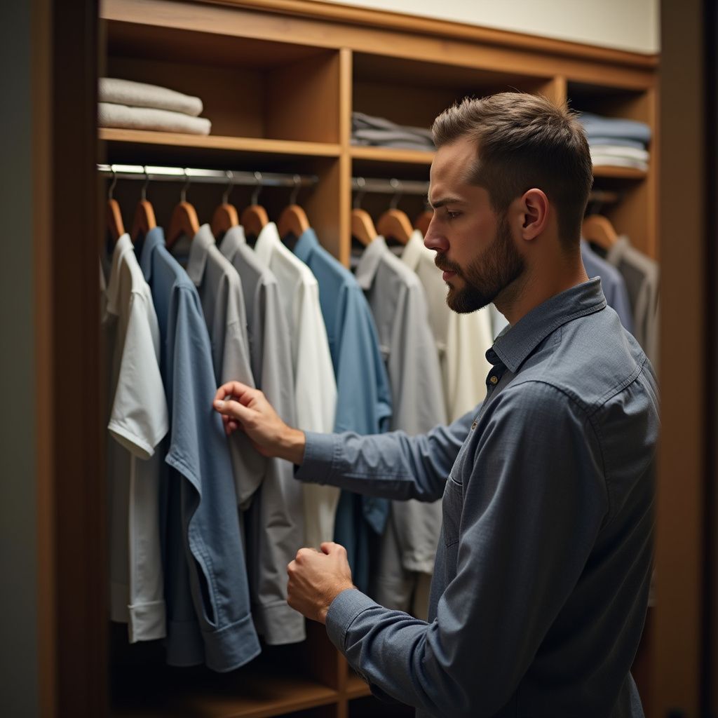 Man selecting a shirt from his closet, which contains various shirts and folded clothes.