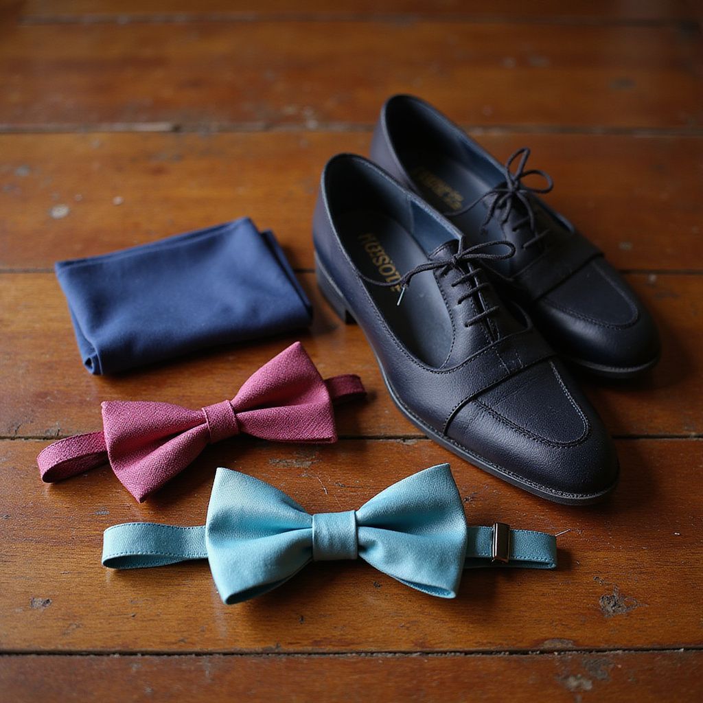 Formalwear accessories on wood: blue shoes, two bow ties (red and teal), a blue pocket square.