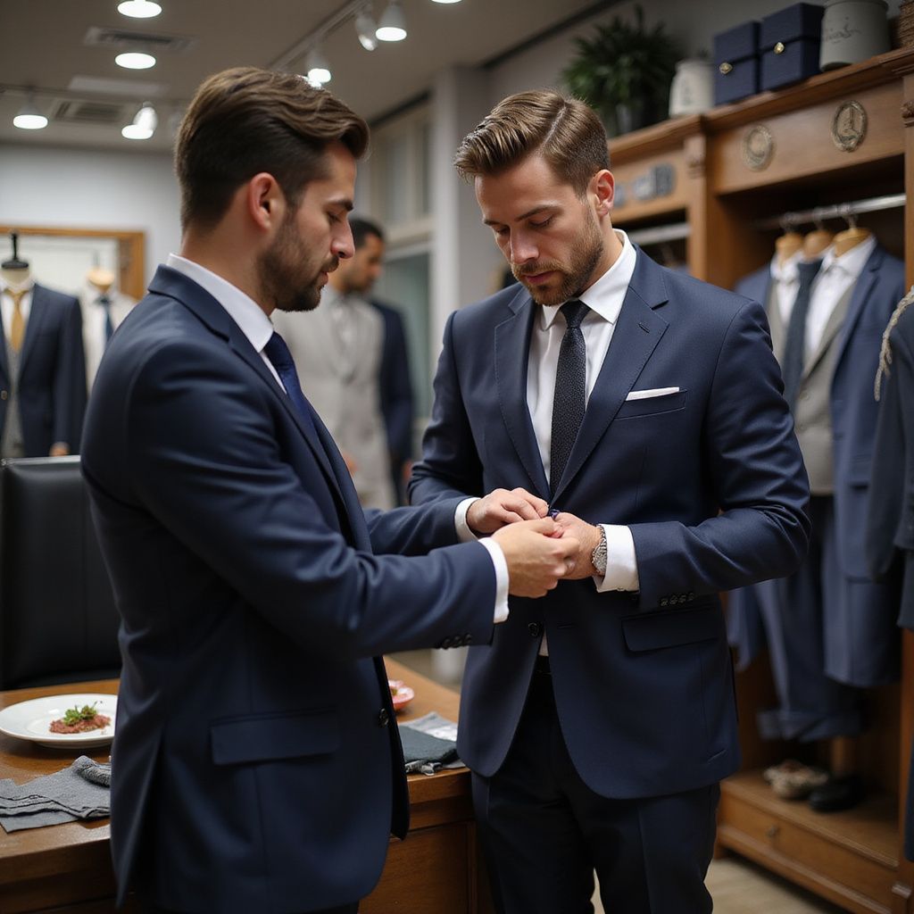 Man in blue suit being fitted by another man in a suit, inside a clothing store.