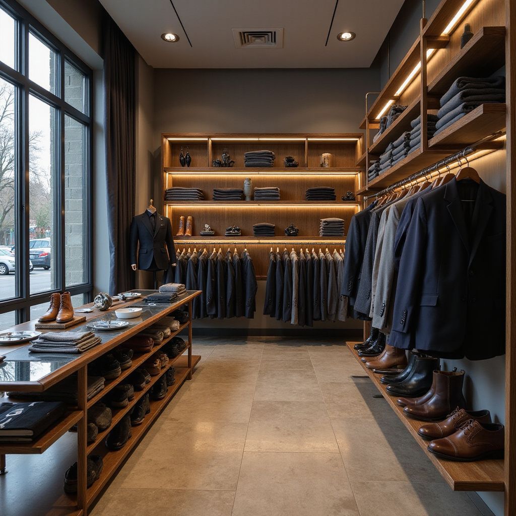 Men's clothing store interior with suits, shoes, and shelves. Wood accents, gray walls, and large window.
