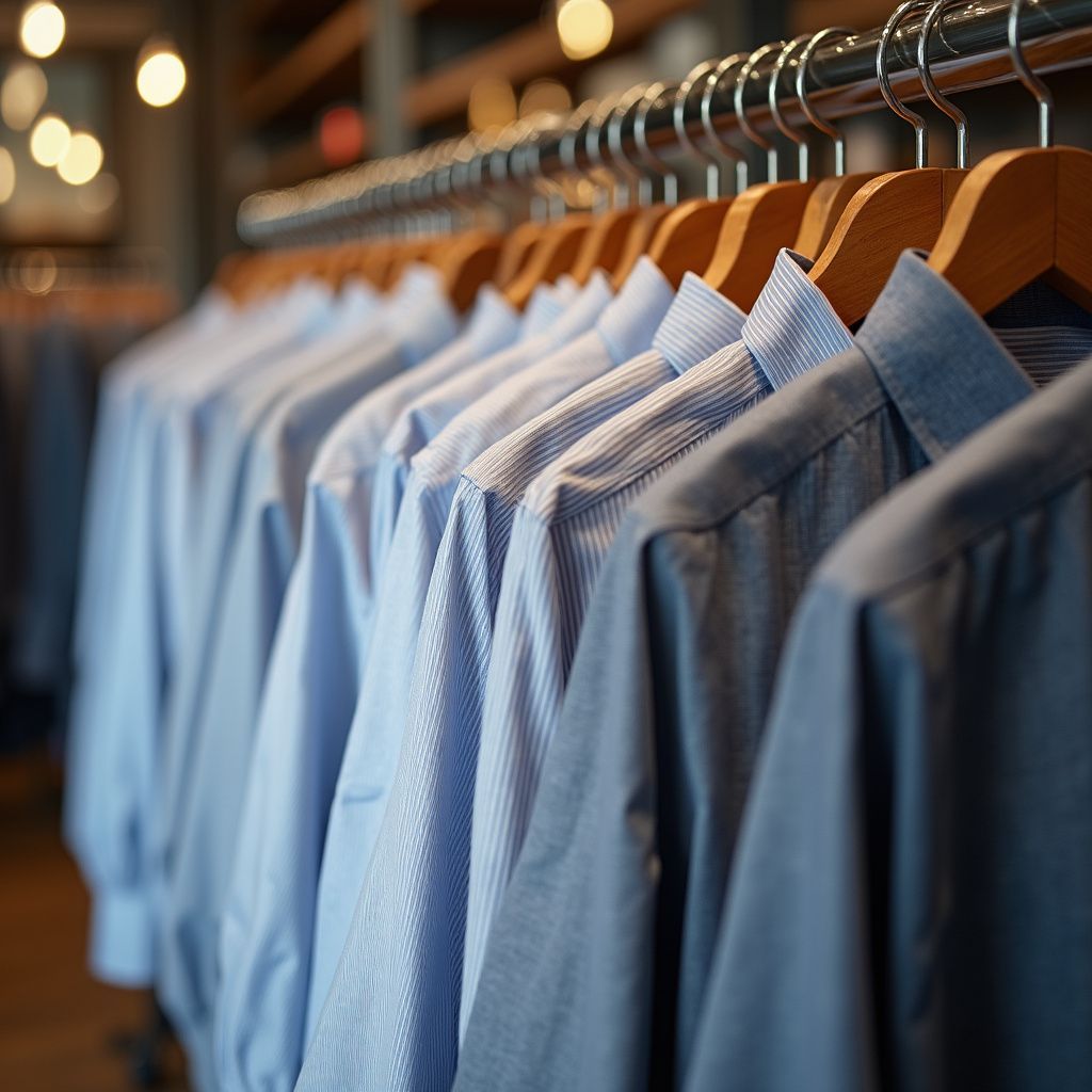 Row of light blue button-down shirts hanging on wooden hangers in a clothing store.