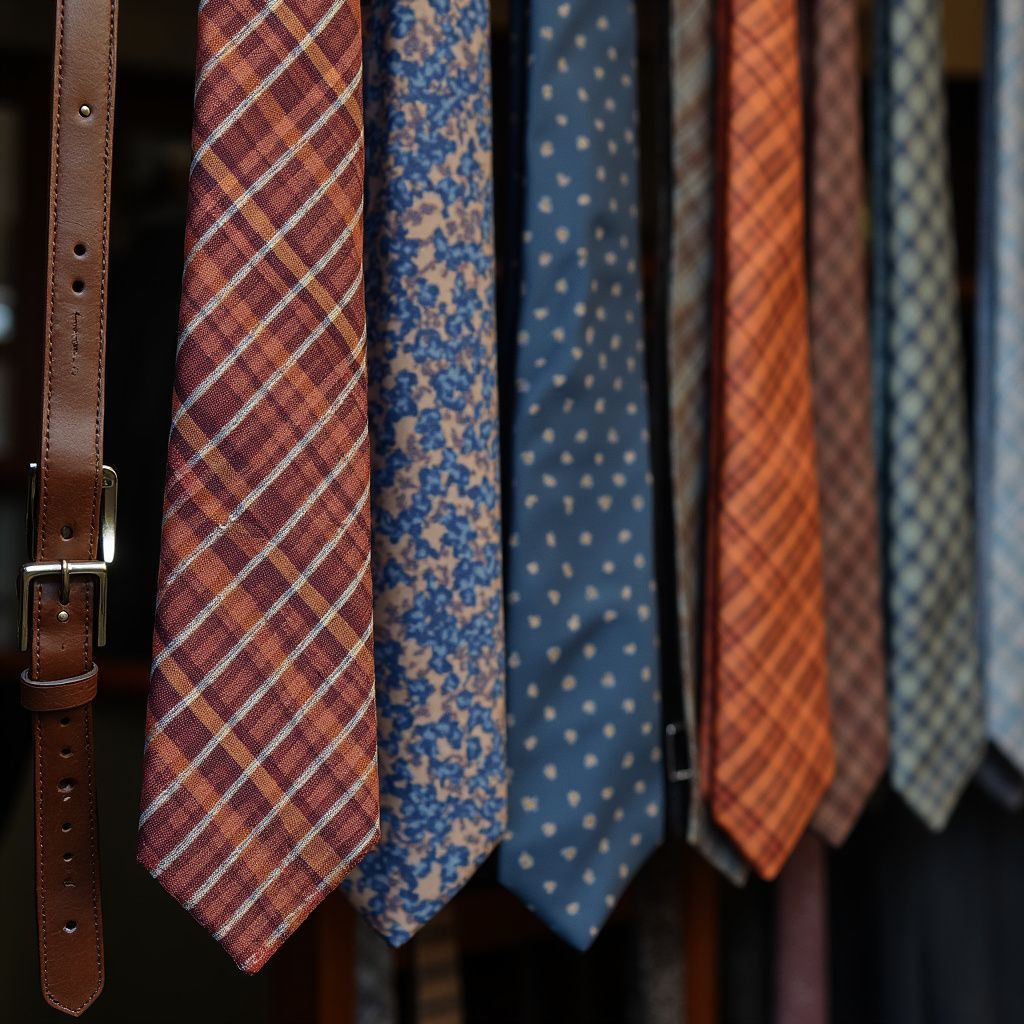 Leather belt and array of patterned neckties, various colors, hanging.