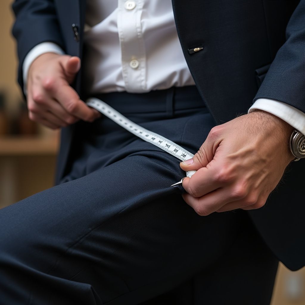 Person in navy suit, measuring waist with a measuring tape.