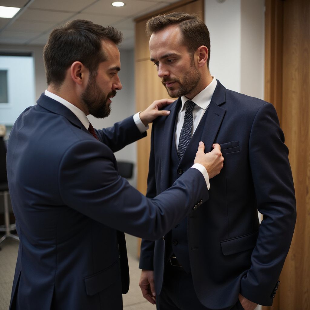 Two men in suits, one adjusting the other's jacket in an office setting.