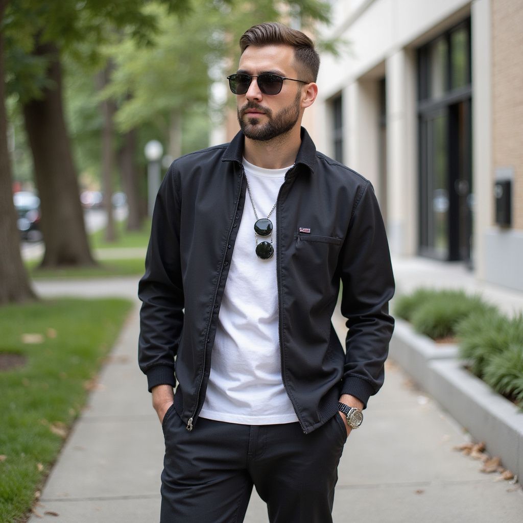 Man in black jacket, white t-shirt, sunglasses, and black pants stands on a sidewalk.