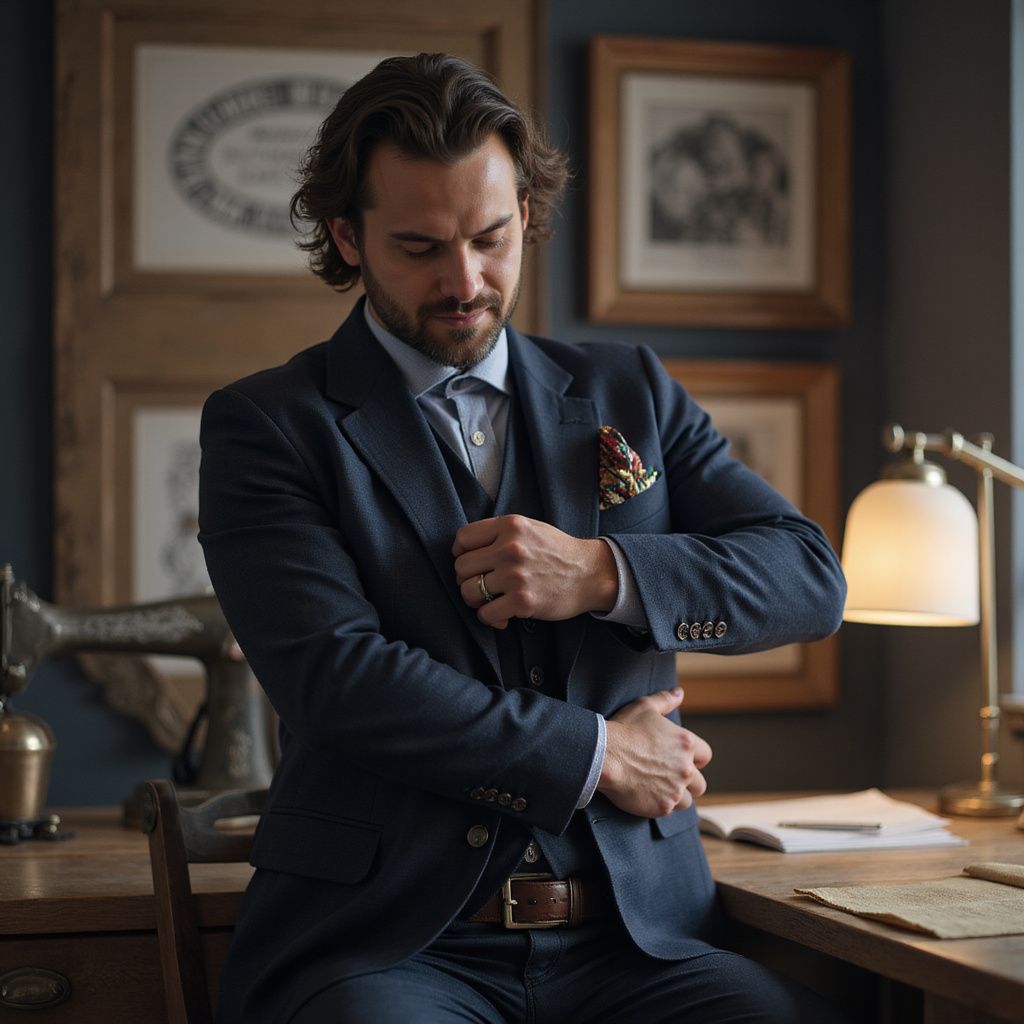 Man in blue suit adjusting his jacket, sitting at a desk with lamp, drawings, and sewing machine in the background.