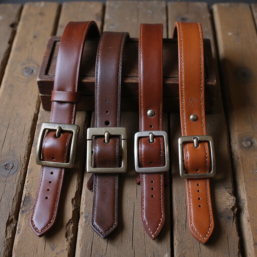 Four leather belts in various shades of brown with brass buckles, arranged on a wooden surface.