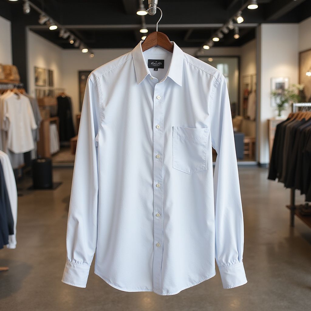 Light blue button-down shirt hanging in a clothing store, lit by overhead lights.