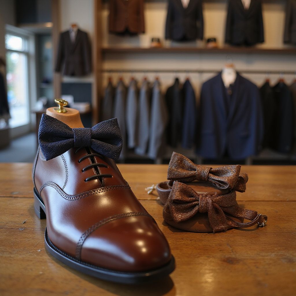 Leather shoe with bow tie, on a wooden table, in a men's clothing store.