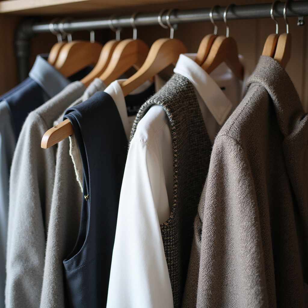 Clothes hanging on wooden hangers in a closet.