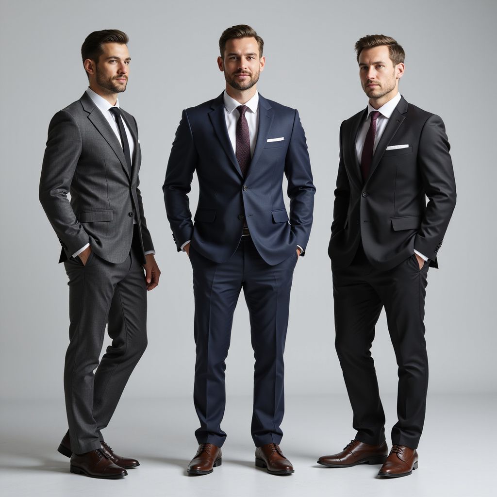 Three men in suits stand against a white backdrop; one in gray, navy, and black.