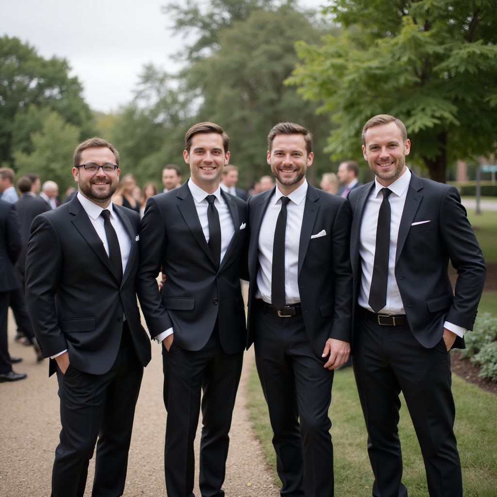Four men in black suits and ties pose outdoors, smiling.