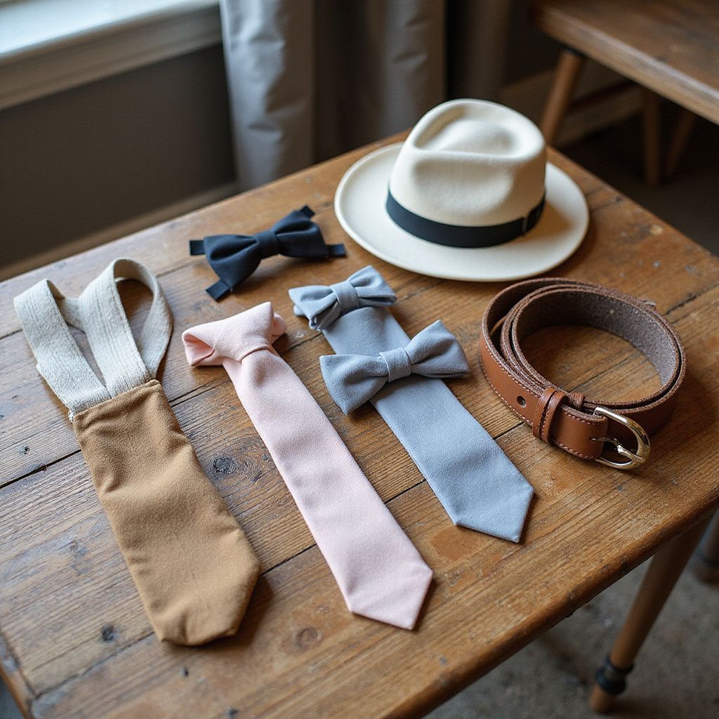 Accessories on a wooden table: suspenders, ties, a hat, and a belt.