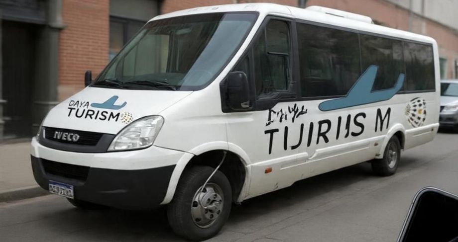 Minibús blanco con el logotipo de “Turismo” estacionado en una calle, vista lateral.