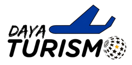 Logotipo de Daya Turism en azul y negro con un avión estilizado y un balón de fútbol.