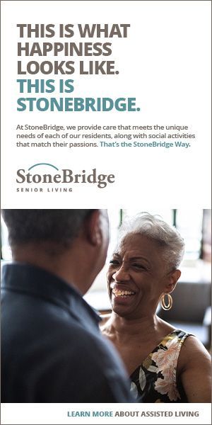 An advertisement for stonebridge shows a man and woman looking at each other