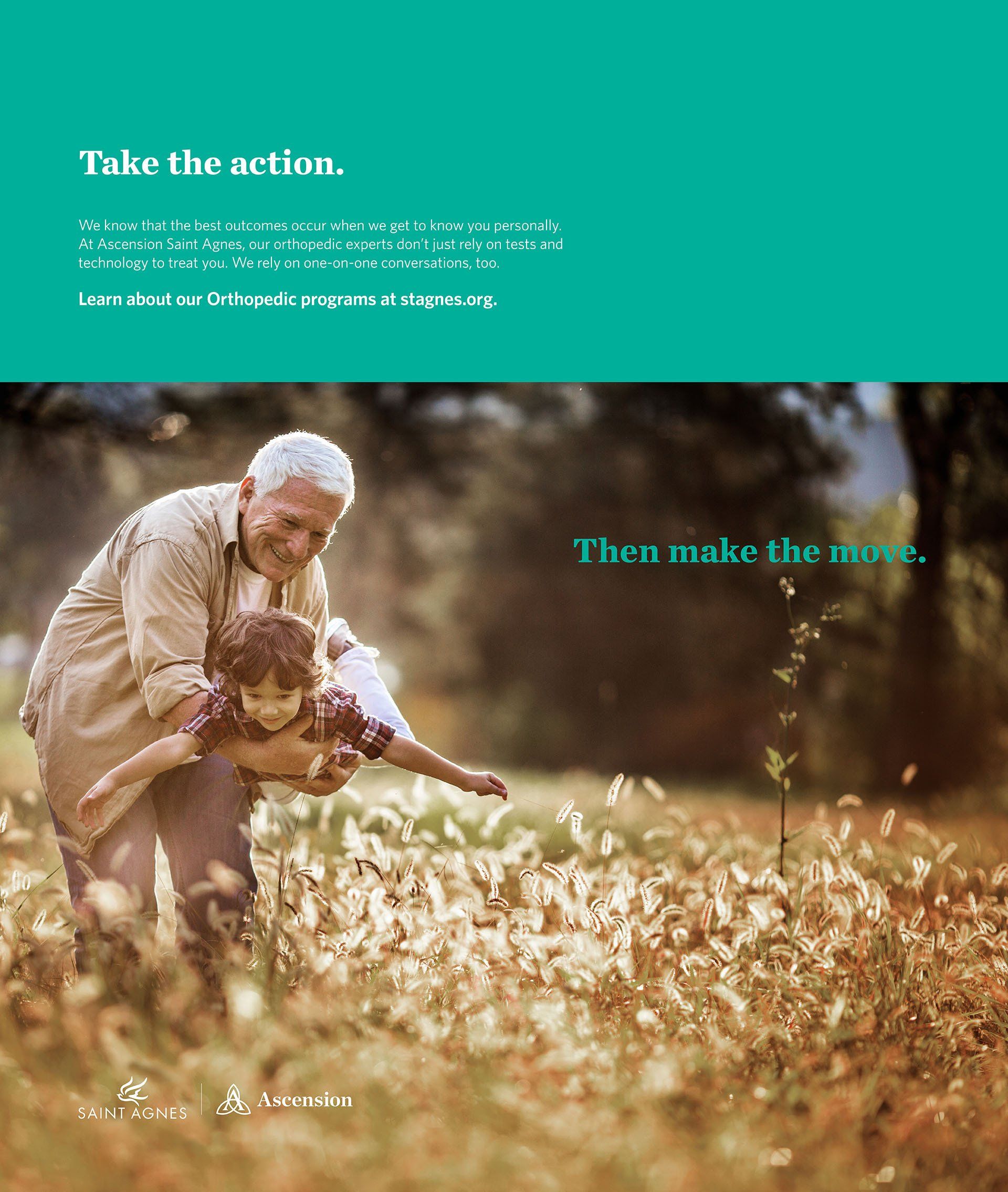 An elderly man is carrying a little girl on his shoulders in a field.