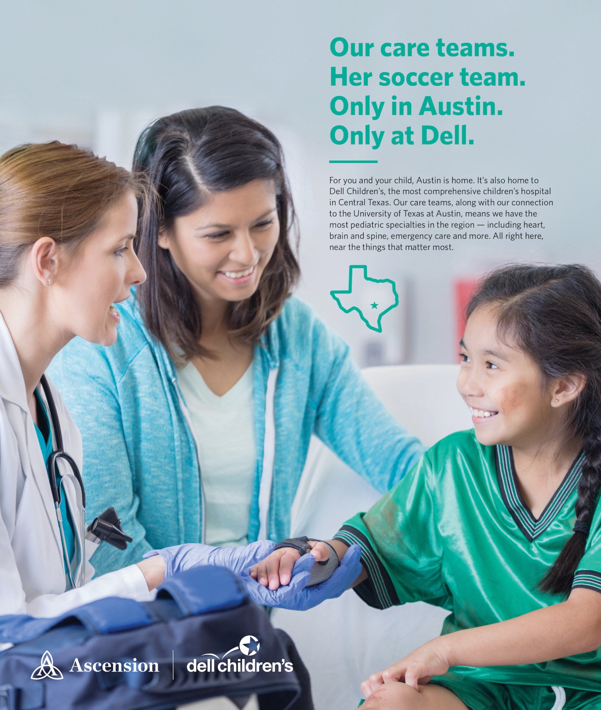 A poster that says our care teams her soccer team only in austin only at dell