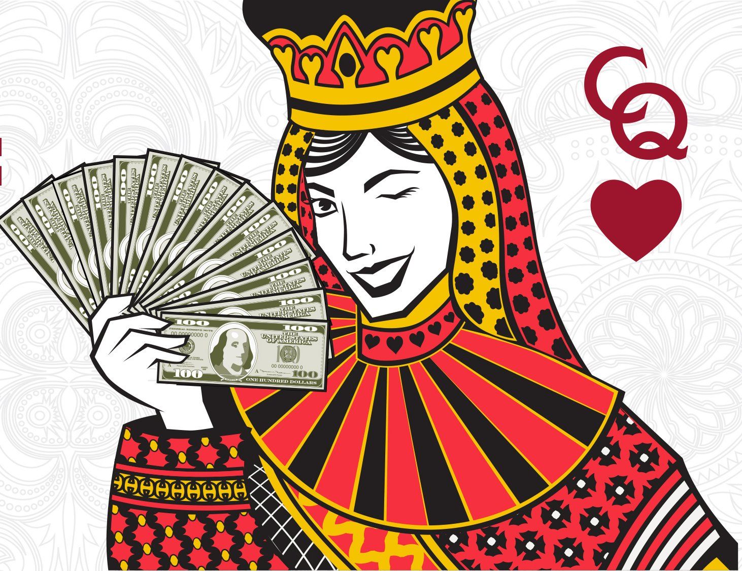 A queen of hearts holding a fan of money
