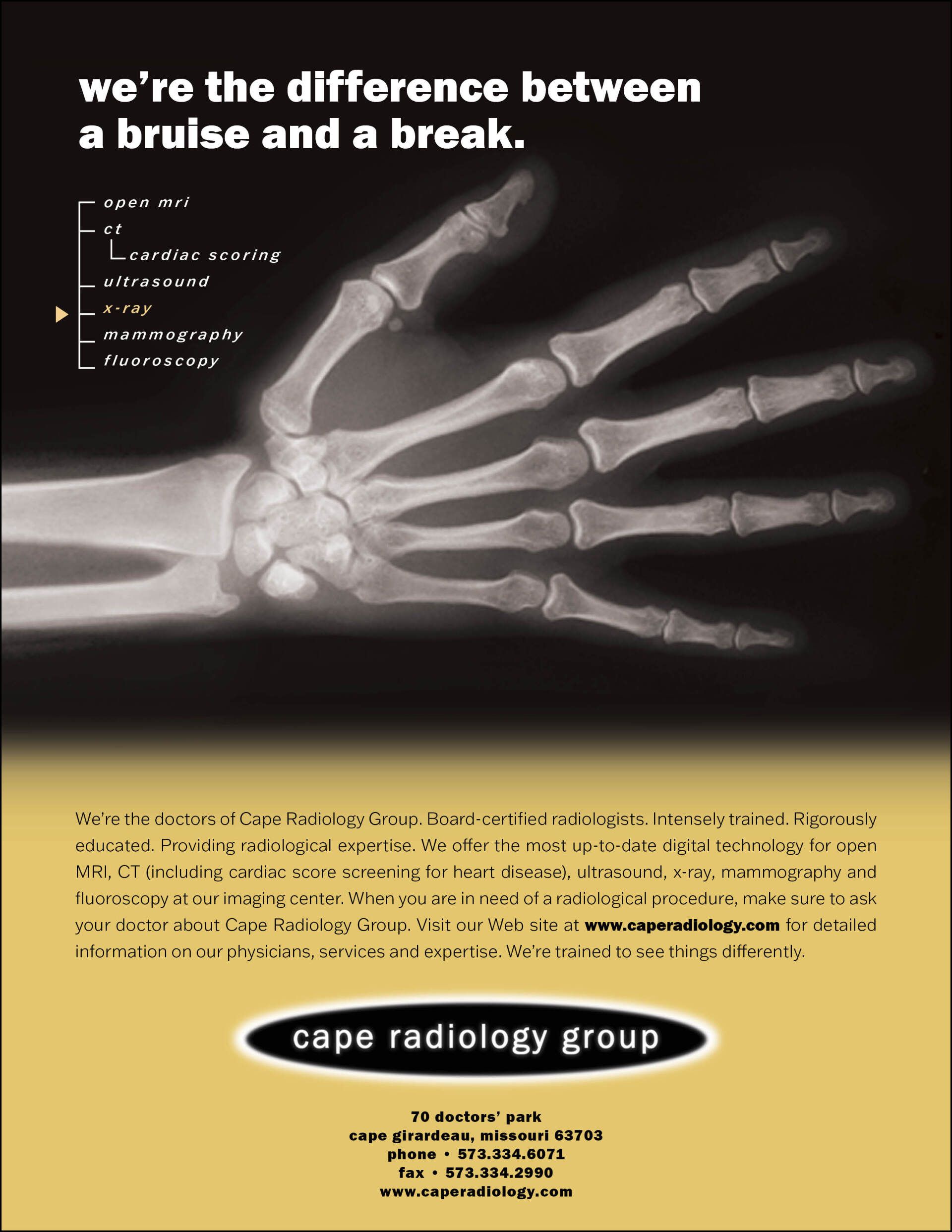 An advertisement for cape radiology group shows an x-ray of a hand