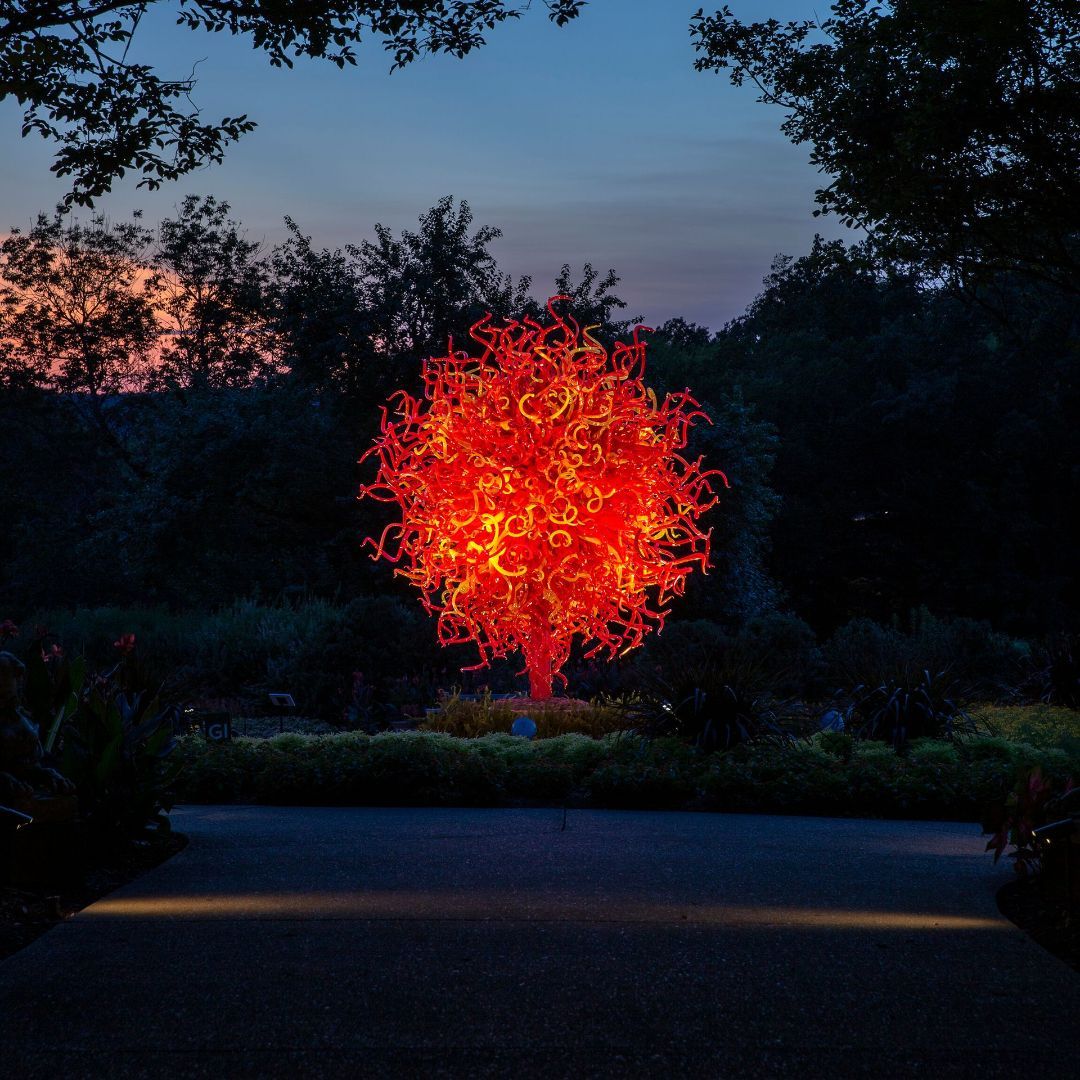 A sculpture of a tree is lit up at night.