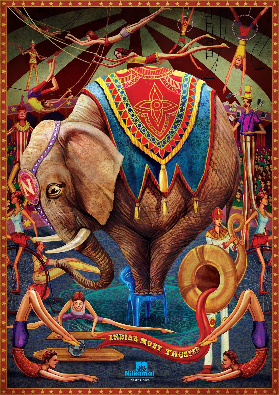 a painting of an elephant in a circus surrounded by people