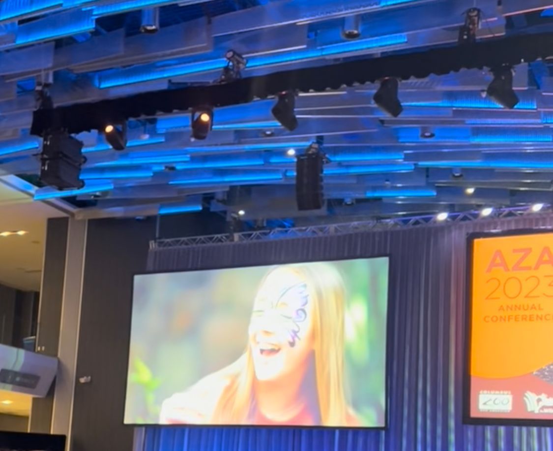 A screen with a woman on it that says aza 2023