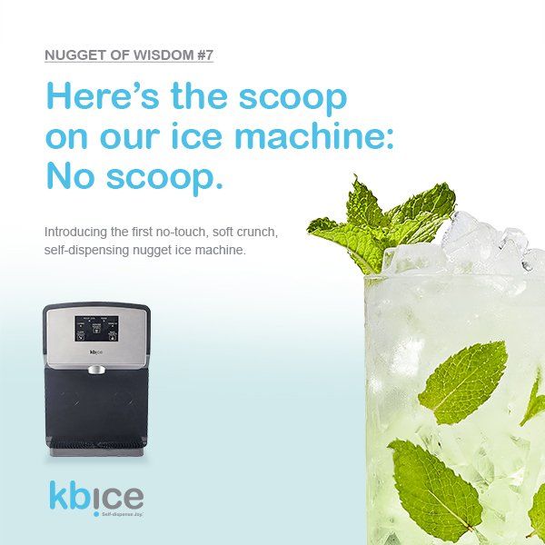 An advertisement for an ice machine that doesn't require a scoop