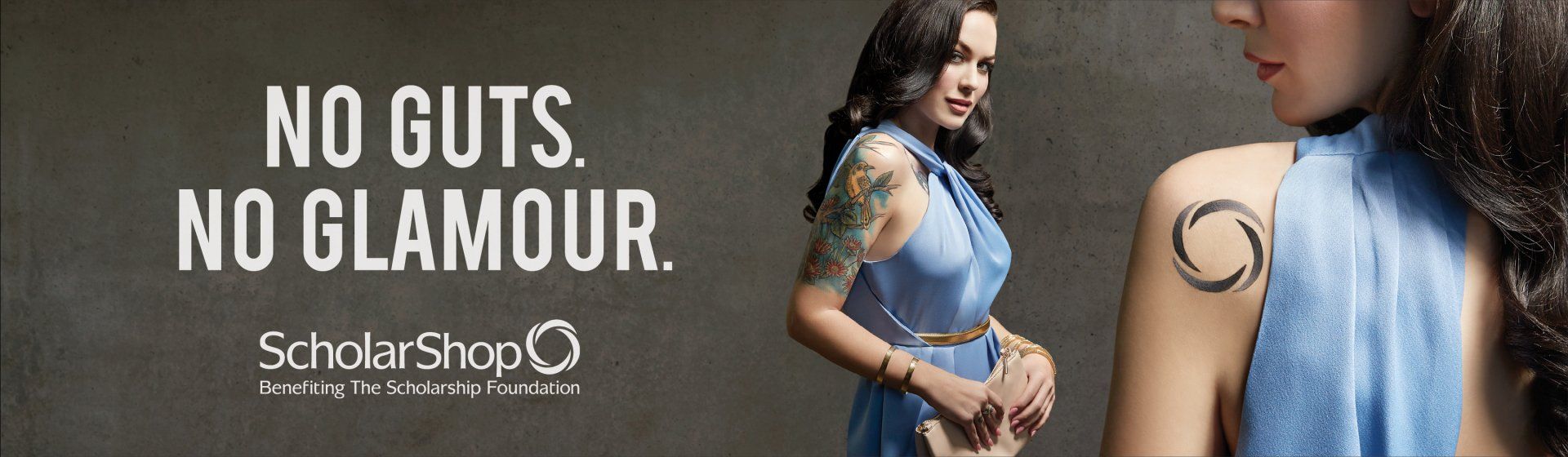 A woman in a blue dress has a tattoo on her arm and says no guts no glamour