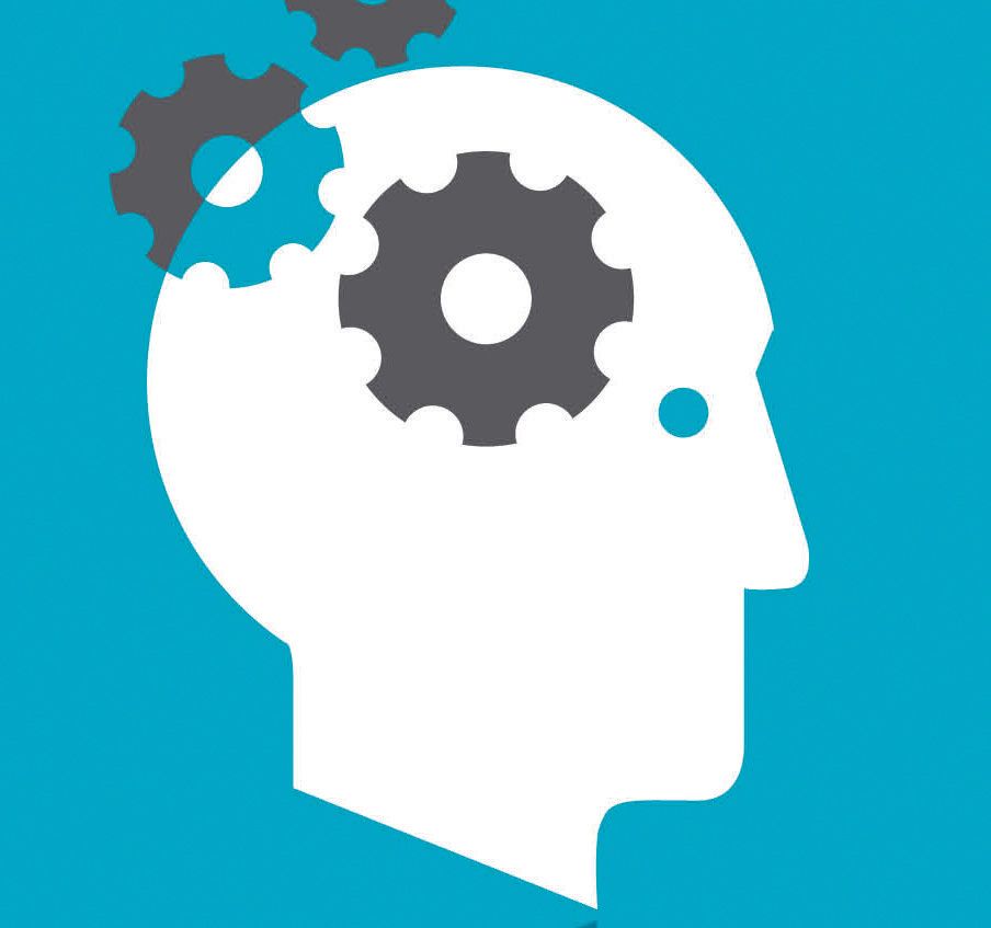 A silhouette of a person 's head with gears in it.
