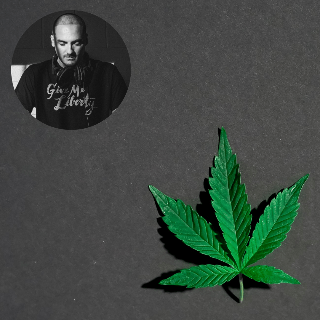 Marijuana leaf and image of Weldon Angelos