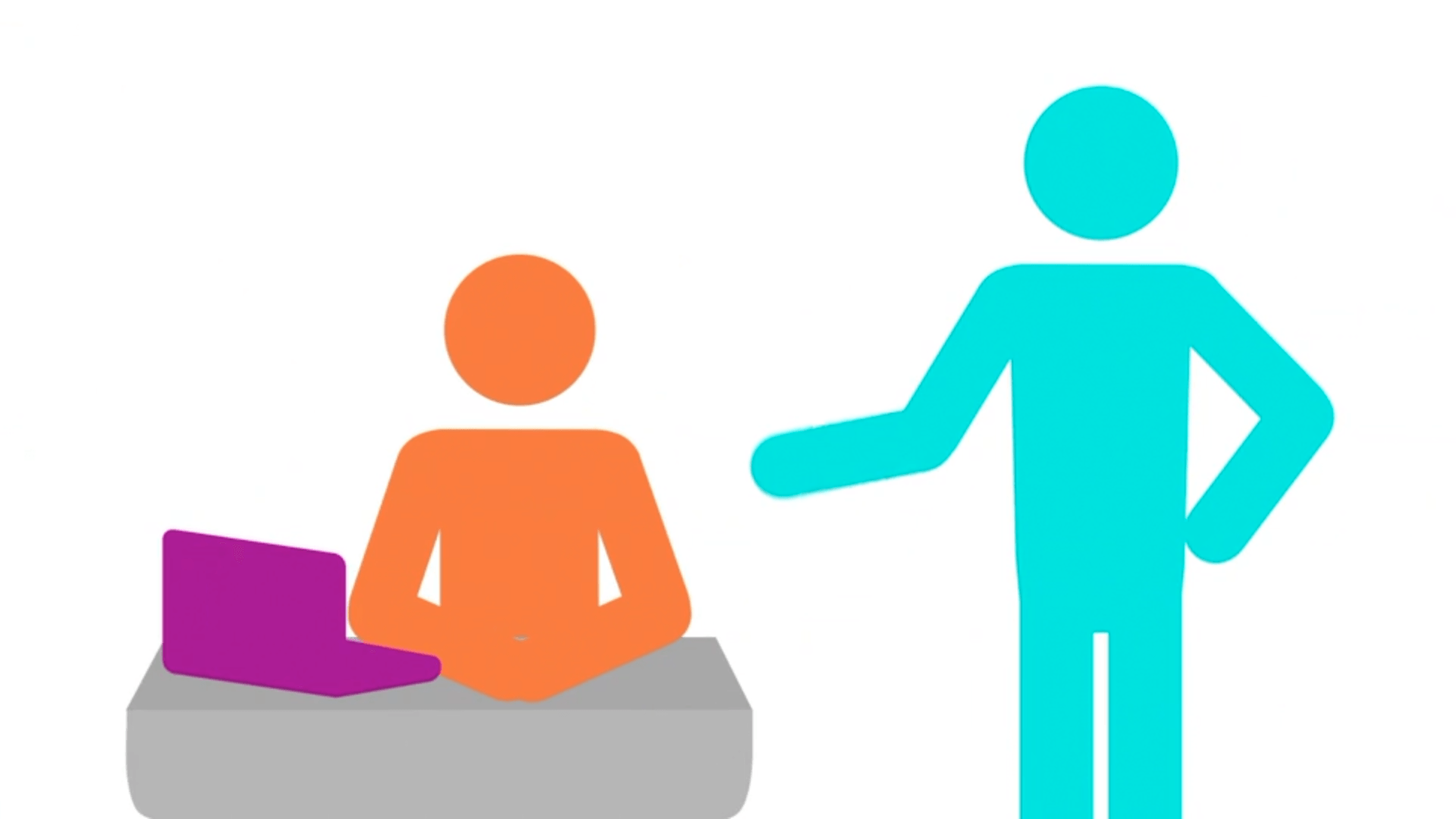 A man is standing next to a woman sitting at a desk with a laptop.