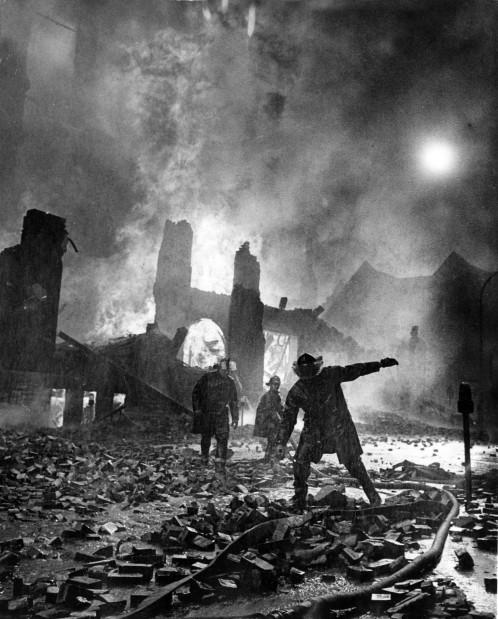Vintage image of firefighters fighting a fire in st. louis