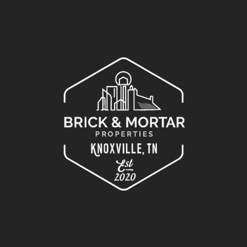 Brick & Mortar Properties logo: white outline of city skyline within a hexagon, text 