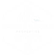White logo for "Brick & Mortar Properties" within a hexagonal frame.