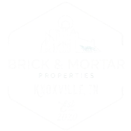 White logo for "Brick & Mortar Properties" within a hexagonal frame.