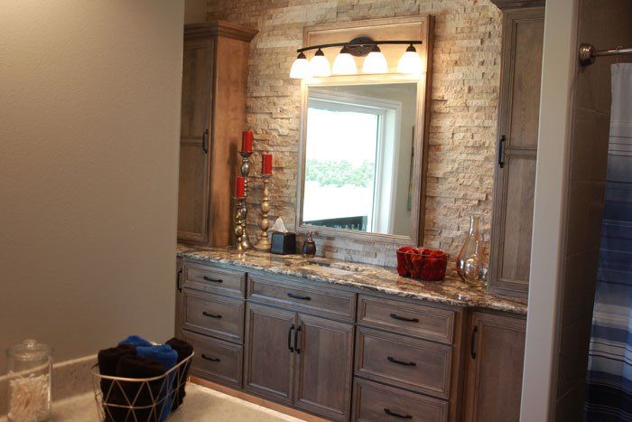 wood and stone kitchen vanity