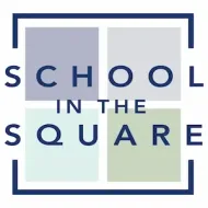 School in the Square logo with navy text over four pastel squares in a navy frame
