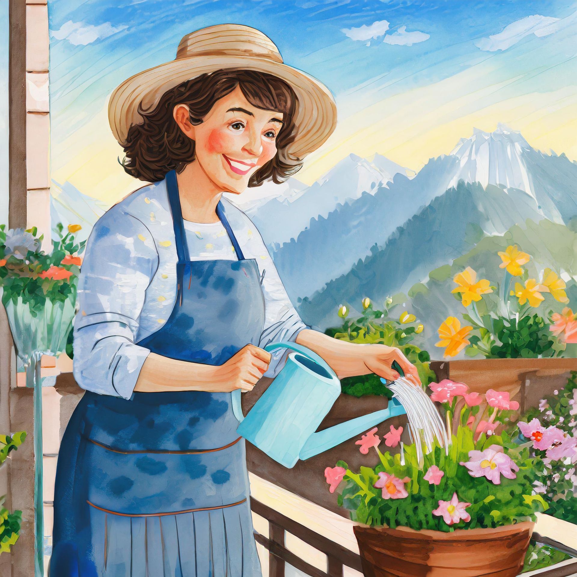 A woman is watering flowers on a balcony with mountains in the background