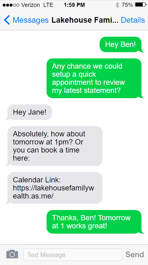 A screenshot of a text message between ben and jane