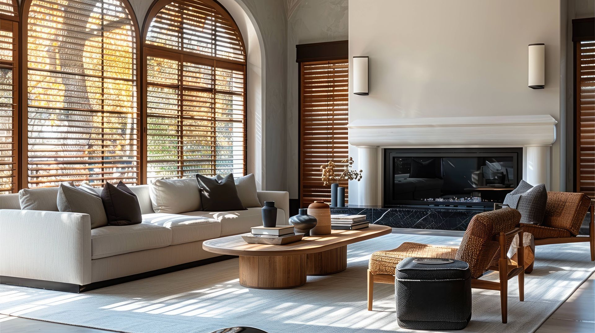 A living room with large windows and window treatments at Fabric Works near Spokane ,Washington(WA)