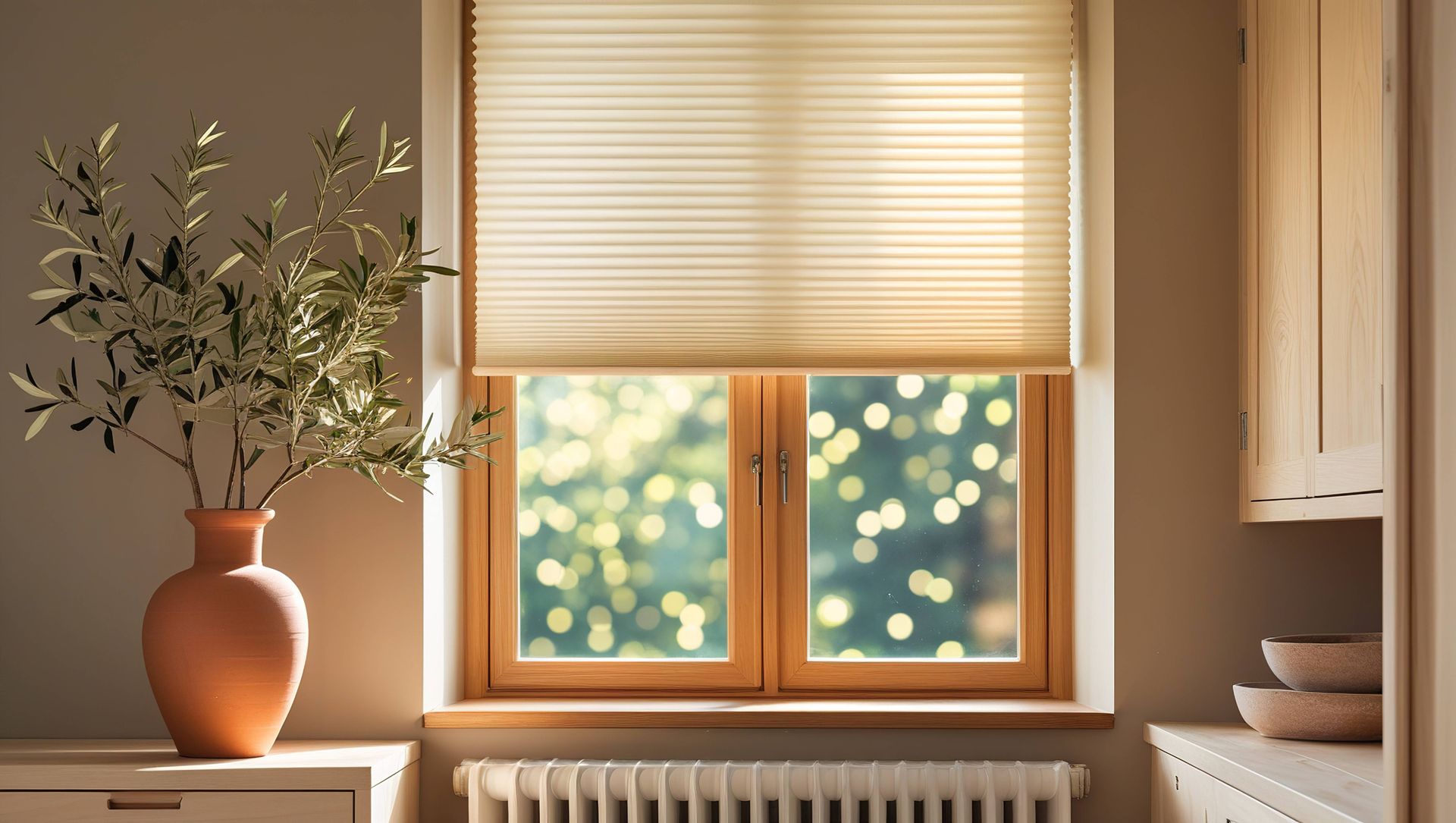 Cellular shades on a window near olive branch decor at Fabric Works near Spokane ,Washington(WA)