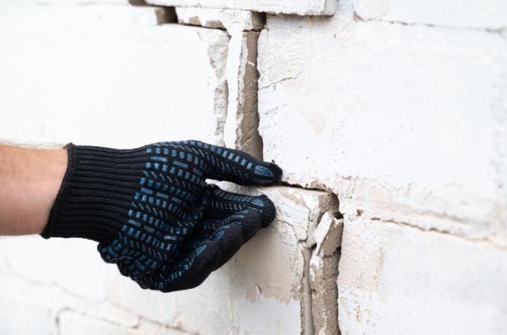 “Close-up of a cracked masonry wall joint being inspected by hand before repair during a masonry service in Missouri City, TX”