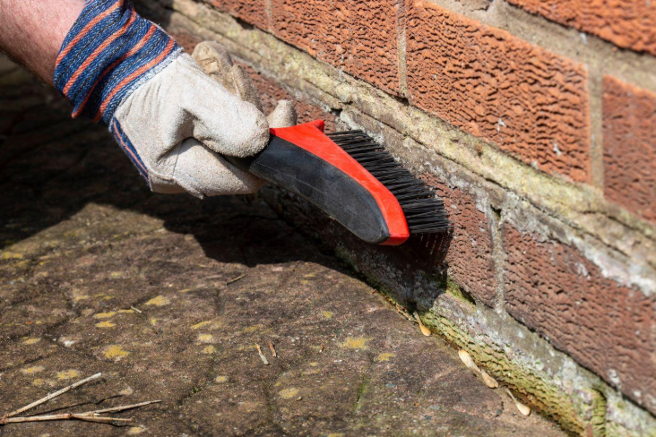 “Gloved hand cleaning and repairing worn mortar joints along a brick wall during a masonry service in Missouri City, TX”
