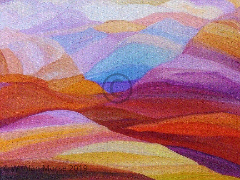 Badlands landscape oil painting with bright overlapping and layered colors by Artist W. Alan Morse