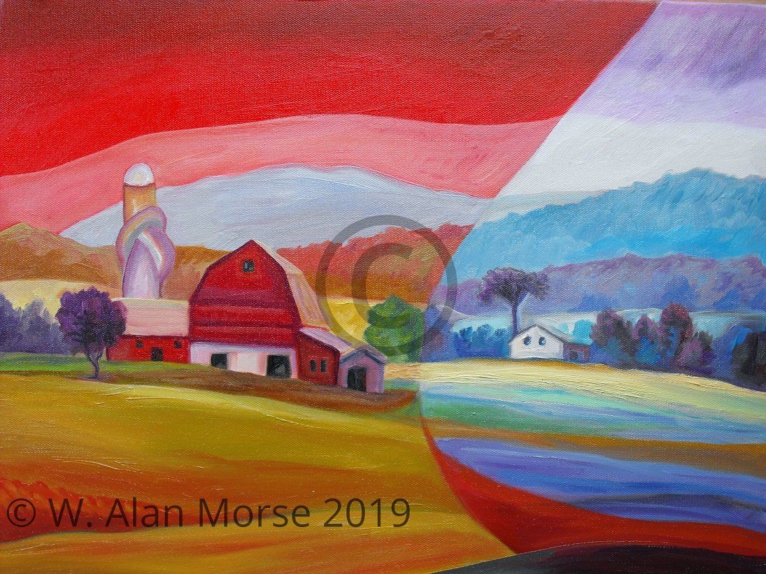 Upstate New York fine art oil painting with red barn with twisted silo shape