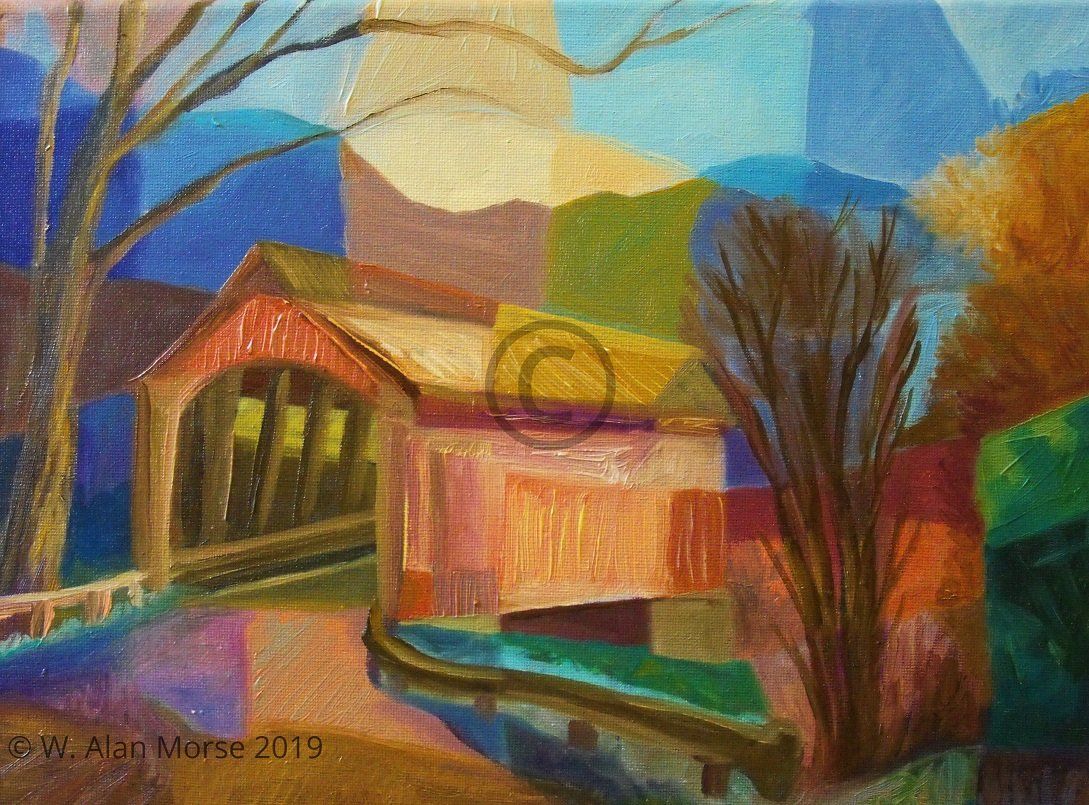 Patchwork patterened oil painting of a Vermont Covered Bridge by Fine Artist W. Alan Morse