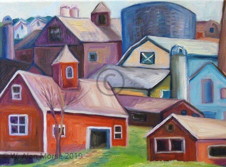 Imaginative pictorial landscape oil painting of agricultural farm motif by painter Wayne Alan Morse