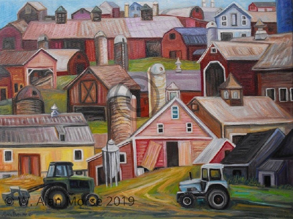 Oil painting of farms, barns, silos, and tractors.