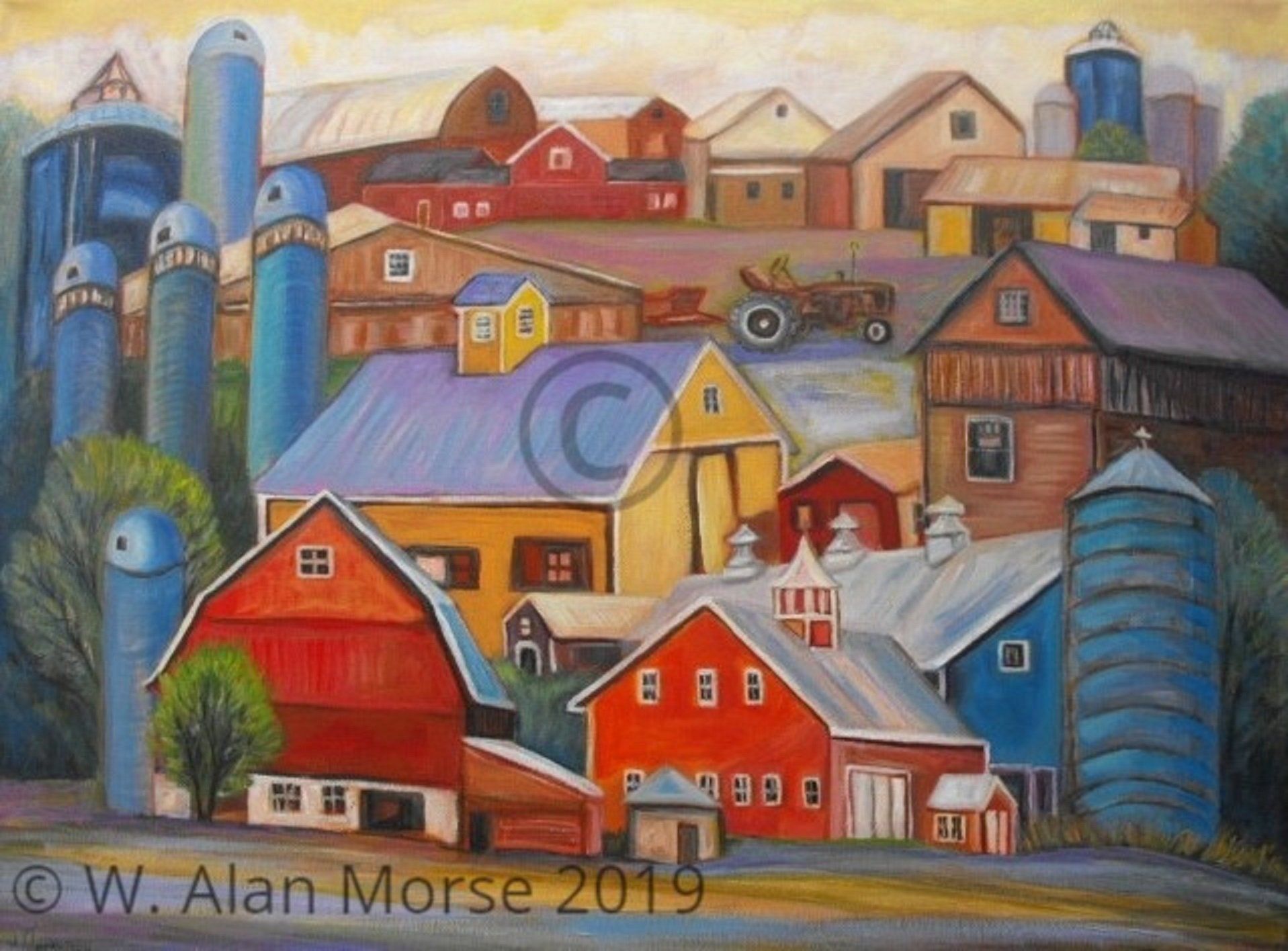 A landscape oil painting of many farms